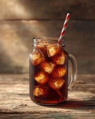 Refreshing iced beverage in a glass jar with ice cubes and a striped straw, set against a rustic wooden background, evoking a cozy, summer atmosphere