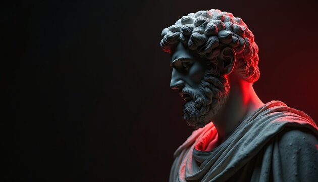 Sculpture of Marcus Aurelius in deep thought. Stone bust with curly hair and beard. Red light illuminates part of statue creating dramatic mood. Minimalist art and philosophy concept.