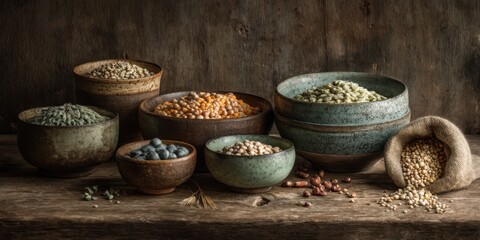 Assorted bowls filled with colorful grains and legumes arranged on a rustic wooden table, showcasing natural textures and earthy tones in a warm, inviting atmosphere