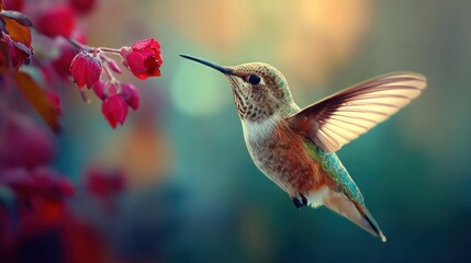 Tiny hummingbird with iridescent feathers hovers near a vibrant red flower, captured in mid-flight