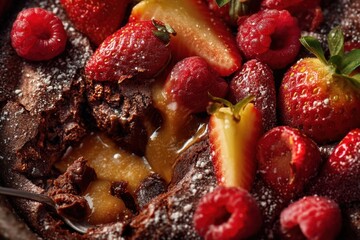 Decadent chocolate lava cake topped with fresh strawberries and raspberries, showcasing a rich molten center and a sprinkle of powdered sugar, perfect for dessert lovers