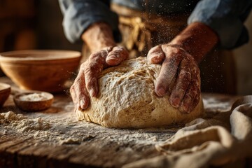 Hands of a skilled baker kneading dough on a rustic wooden table, surrounded by flour and wooden bowls, showcasing the art of traditional bread making in a warm kitchen atmosphere