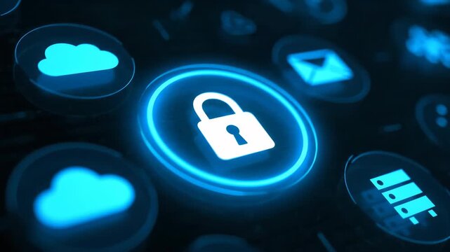 Abstract digital security concept with glowing blue neon lock icon surrounded by cloud and mail icons on dark background.