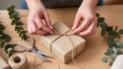 Female hands wrapping a gift box with brown kraft paper and jute twine. Rustic eco-friendly packaging flat lay with eucalyptus and scissors