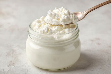 Creamy cottage cheese in a glass jar with a silver spoon, showcasing a rich texture and inviting appearance, perfect for healthy meals and snacks with copy space