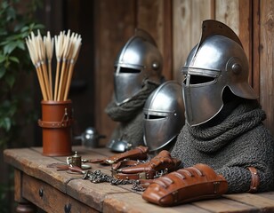 Naklejka premium Medieval knight armor display on wooden table. Helmets, chainmail shirts, arrows, gloves. Reenactment scene of war times history. Army equipment from middle age battle for historical editorial