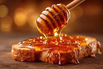Golden honey drizzles over a slice of toasted bread, creating a deliciously sticky texture, with a warm bokeh background enhancing the appetizing scene