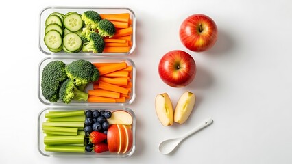 Healthy meal prep with fitness planner and fresh fruits displayed on a clean white background
