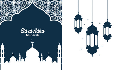 A serene eid al adha mubarak greeting card design featuring a majestic mosque silhouette and elegant hanging lanterns