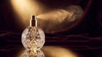 An elegant perfume bottle releases a fragrant mist into the air, illuminated by a warm golden light, with a luxurious velvet backdrop. Capturing the essence of sophistication and allure.