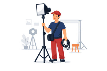 Young asian male photographer setting up studio lighting equipment