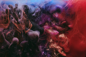 Abstract colorful smoke background. Moving flow of blue, red, white paints, fluid art