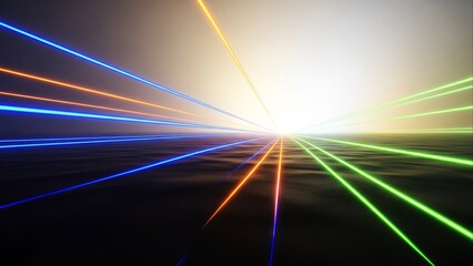 Futuristic Convergence of Neon Laser Beams Over a Dark Surface, Speed and Data Flow Concept Background