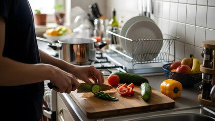 Hands cutting fresh vegetables on a wooden board