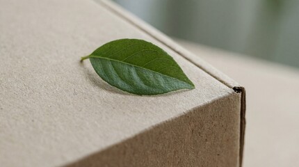 A single, vibrant green leaf rests on a corrugated cardboard box, evoking themes of eco-friendliness, sustainability, and mindful consumption.