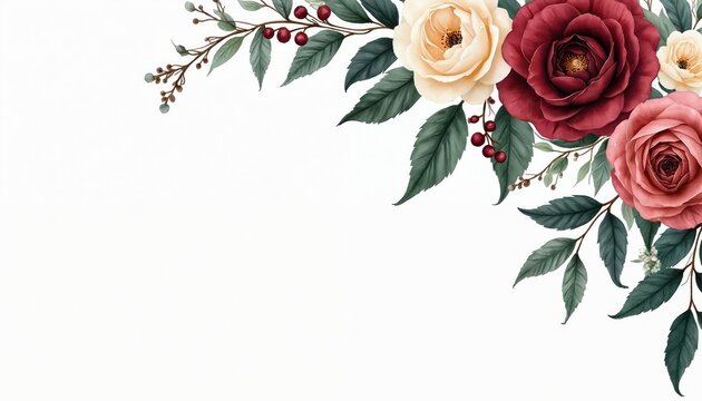Watercolor floral corner arrangement with roses in burgundy cream and pink colors. Botanical illustration with leaves and berries. Design for wedding invitation cards or greeting card templates.