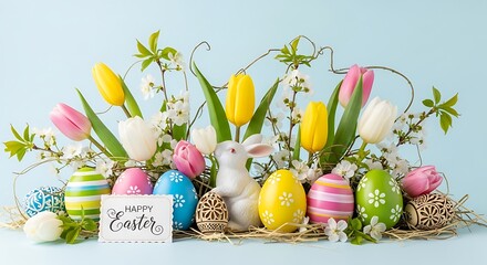 Easter bunny and tulips adorn decorative eggs on a soft blue background.