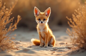 Fototapeta premium Cute fennec fox sits on sand. Beautiful animal looks at camera. Wild mammal in desert environment. Young animal portrait with fluffy ginger fur and large ears.