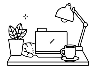 Cozy workspace with laptop, plant, and coffee Vector