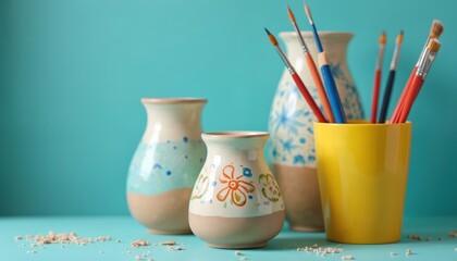Still life of vases, painting supplies. Colorful brushes stand in yellow cup near ceramics. Finished pottery designs displayed against teal backdrop. Creative hobby concept for art, craft projects.