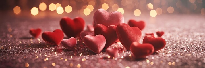 A cluster of red and pink heart shaped objects on a glittery surface with warm lights