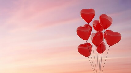 A cluster of red heart shaped balloons floating in the air against a pastel sunset sky