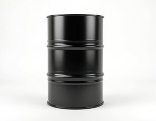 Black metal barrel stands on clean white surface. Industrial container made of steel, often used for storing transporting liquids like oil. Cylindrical shape simple yet functional, representing