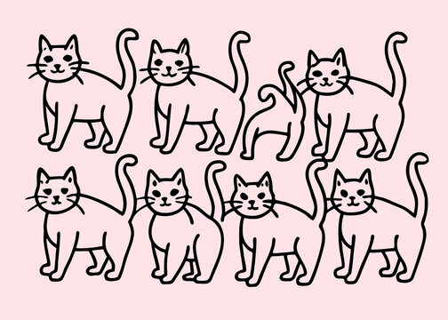 Whimsical line art depiction of nine cats in various poses Vector