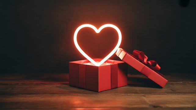 A heart shaped neon light glowing from an open red gift box on a wooden table