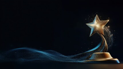 Golden star trophy on dark backdrop with glitter effect, for success theme, award presentation, promotional design