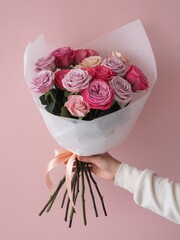 Beautiful bouquet of pink roses wrapped in white paper with a ribbon on a pink background for valentine's with gift