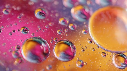 Close-up view of colorful, reflective oil droplets floating on a multi-colored surface