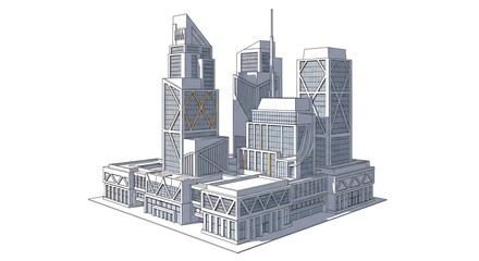 Modern skyscraper cluster design concept with geometric facades.