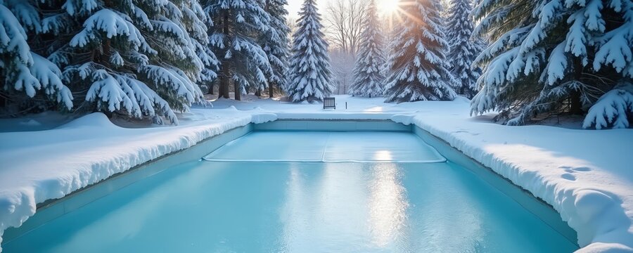 Winterized swimming pool covered with protective tarp. Snow surrounds the pool and evergreen trees. Sunlight shines brightly on the icy scene.