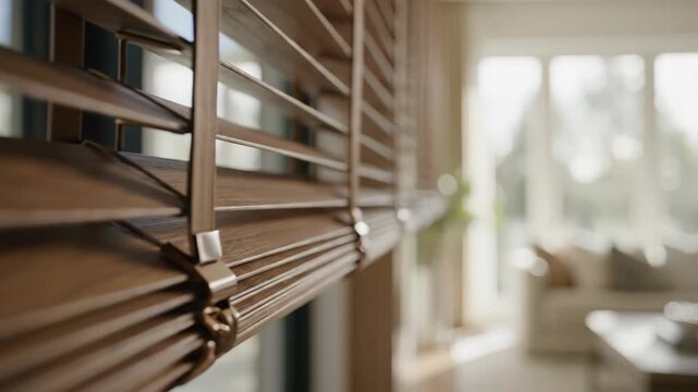 Wooden smart blinds adjusting in a modern home interior. Motorized venetian blinds opening and closing to control sunlight. Home automation concept