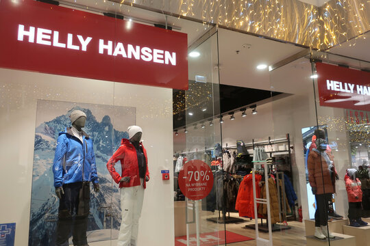 Helly Hansen fashion closing store with signage, logo, emblem at Factory Annopol outlet shopping mall. WARSAW, POLAND - JANUARY 3 2026