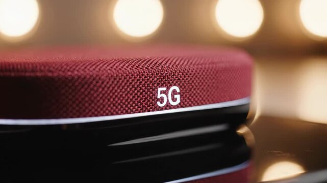 A finger activates 5G technology on a modern smart device. Close-up of a hand touching a smart speaker to enable a high-speed wireless network. Future of connectivity concept