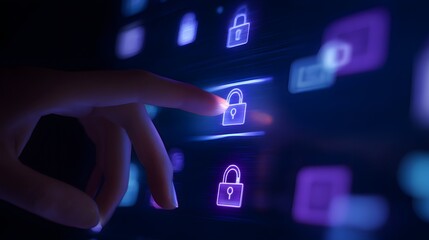 Futuristic digital lock interface secures data with glowing icons a modern cybersecurity concept