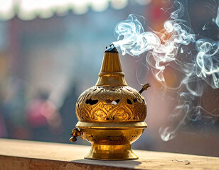 Ornate golden censer emitting ethereal white smoke, evoking peace and spiritual ambiance