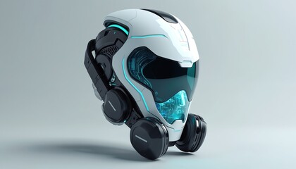 Futuristic mask with high tech design for safety. Modern device includes protective gear. Concept shows advanced technology in respiratory hygiene. Clean style combines comfort with ergonomic