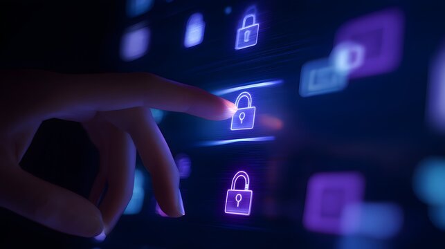 Futuristic digital lock interface secures data with glowing icons a modern cybersecurity concept - Powered by Adobe