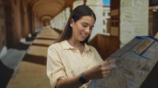 Woman holding a city map and pointing finger to route on street in old town building corridor; travel exploration.