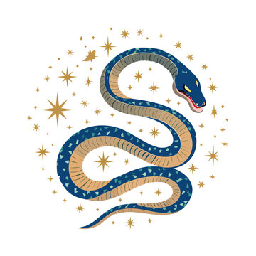 An ancient mosaic illustration of a wild viper serpent forming a decorative circular pattern, designed as a reptile vector art stamp for a nature postage symbol on a plain blue background