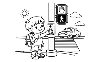 Cute cartoon boy with backpack presses button at crosswalk, waiting for traffic signal