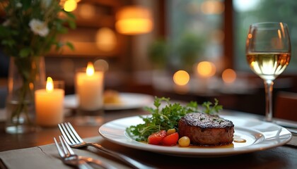 Close up shot of gourmet steak dinner plate with wine glass. Romantic restaurant table setting with lit candles. Perfect for fine dining or special celebrations.