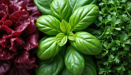 Vibrant assortment of fresh green herbs includes basil parsley and red lettuce. Closeup photo of diverse leaves shows natural colors. Food still life showcases healthy eating and vegetarian meals.