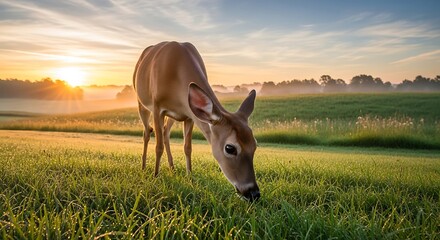 Deer grazes peacefully in a misty meadow at sunrise.