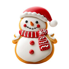 Weihnachtlich als Schneemann dekorierter Lebkuchen, freigestellt vor transparentem Hintergrund, Generative AI