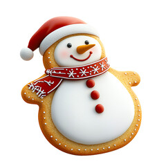 Weihnachtlich als Schneemann dekorierter Lebkuchen, freigestellt vor transparentem Hintergrund, Generative AI
