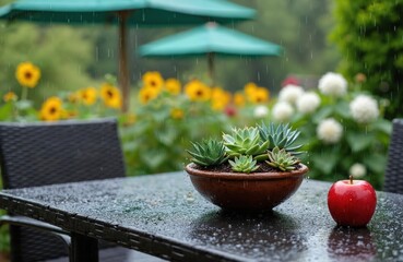 Fototapeta premium Ceramic pot with succulents sits on table in the rain. Red apple rests on table surface. Garden flowers and green umbrellas create background. Rainy day peaceful vibe.
